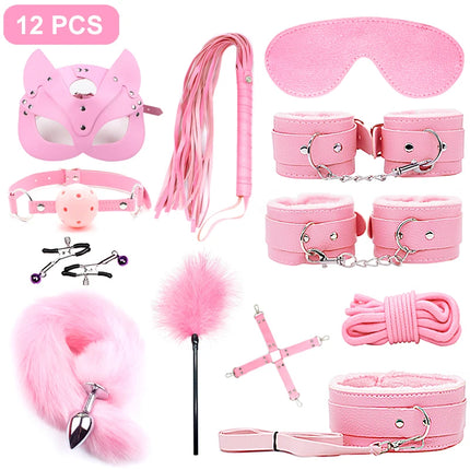 Handcuffs Collar Whip Gag Nipple Clamps BDSM Bondage Rope Erotic Adult Sex Toys For Woman Couples Anal Butt Plug Tail