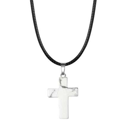 Natural Stone Cross Pendant Necklace Women Men 18inch Black Leather Cord Custom Crystal Choker Chakra Jewelry Findings