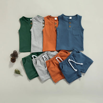 Pudcoco 2 Pcs Newborn Summer Outfits, Baby Solid Color Round Neck Tank Tops with Pocket + Drawstring Shorts 0-3T