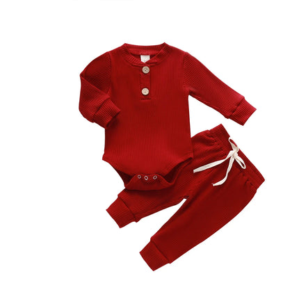 Infant Newborn Baby Girl Boy Spring Autumn Ribbed/Plaid Solid Clothes Sets Long Sleeve Bodysuits + Elastic Pants 2PCs Outfits