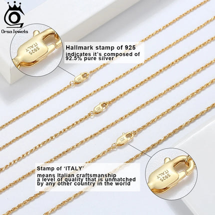 ORSA JEWELS 18K Gold over Authentic 925 Sterling Silver 1.7mm Diamond-Cut Rope Chain Necklace for Man Woman Twist Chain SC29