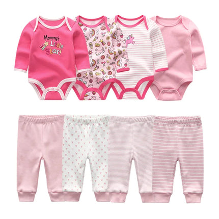 Cotton 6/8PCS Newborn Baby Boy Clothes 0-12M Autumn Bodysuits+Pants Boys Baby Clothing Sets Full Sleeve Baby Girl Clothes