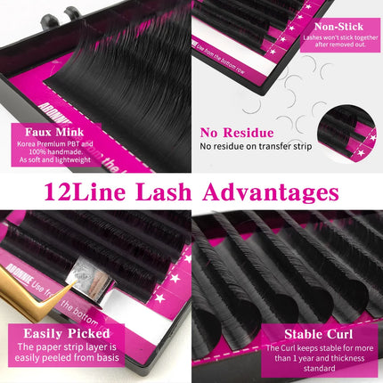 Abonnie B/C/D 12Rows Mink Hair Lashes Extension Matte Black Fluffy Silk Eyelash Extension for Beauty Makeup