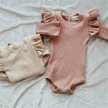 0-24months Unisex Baby bodysuit Long Sleeve Romper Cotton Ruffled Solid Beige White Black Pink Playsuit For Infant Girls