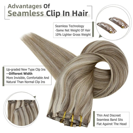 Full Shine PU Clip Hair Extensions Remy Human Hair 100g Seamless Invisible Clip In Extensions Human Hair Balayage Color Blonde