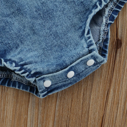 Citgeett Summer Infant Baby Girls Outfit Rainbow Embroidery Fly Sleeve Lace Denim Bodysuit+ Headwear Set Clothes
