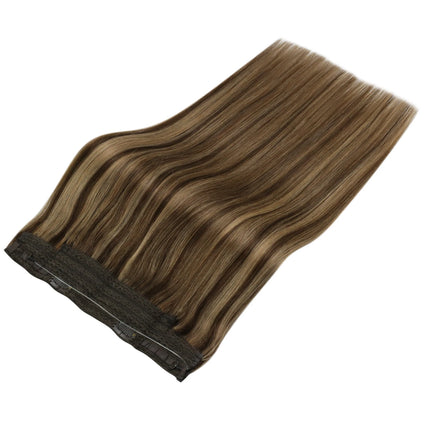 VeSunny Fish Wire Hair Extensions Natural Human Hair Brown Machine OnePiece Hair Extension Invisible Fishing Wire with 2 Clips
