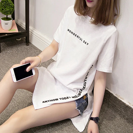 WONDERFUL DAY Print Long T shirts Summer Women Loose Slit Femme Tops  Tshirt Short sleeve Ladies t-shirt