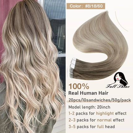Full Shine Tape in Hair Extensions Remy Human Hair Balayage Highlights Natural Hair For Salon
