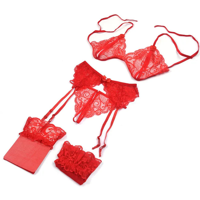 Lace Women Lingerie Set 4 Pcs Sling Open Bra Sexy With Garter Panties Push Up Bra Set Erotic Transparent Underwear Net Stockings