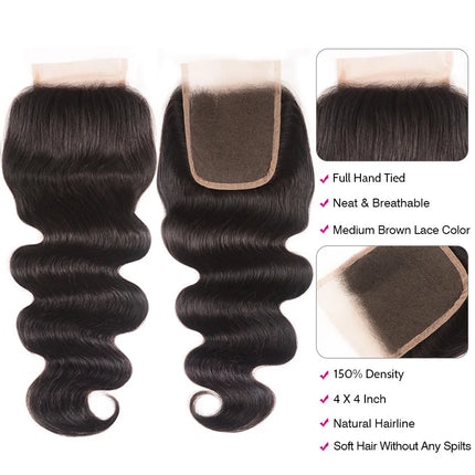 UNice Body Wave Human Hair 4x4 Lace Closure & 5x5 HD Lace Closure Natural Color Human Hair Lace Closure 1Pcs 150% Density