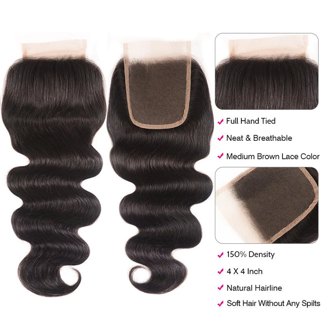 UNice Body Wave Human Hair 4x4 Lace Closure & 5x5 HD Lace Closure Natural Color Human Hair Lace Closure 1Pcs 150% Density