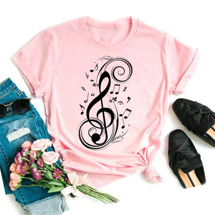 New Harajuku Funny Music Note Art T-Shirt Fashion Women T-Shirt Music Tops Short Sleeves Black T-Shirt Ladies Casual Tees Top