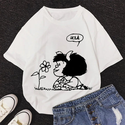 2020 New Summer Fashion Female Pink Tops Mafalda Cute Graphic Print T-shirt Women Harajuku Aesthetic White Tops Kawaii Tshirt