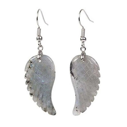 KFT Natural Carved Healing Reiki Crystal Quartz Stone Earring Amethysts Lapis Lazuli Angel Wing Dangle Hook Stone Earrings