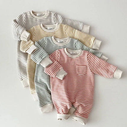 2026 Spring New Baby Striped Romper Boys Girls Simple Striped Casual Jumpsuit Newborn Cotton Infant Toddler Clothes 0-24M