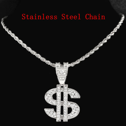 Bling Rhinestone Dollar Pendant Necklace For Men Silver Color Iced out 13mm Cuban Chain Choker Necklaces Hiphop Rap Rock Jewelry