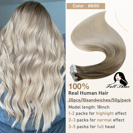Full Shine Tape in Hair Extensions Remy Human Hair Balayage Highlights Natural Hair For Salon