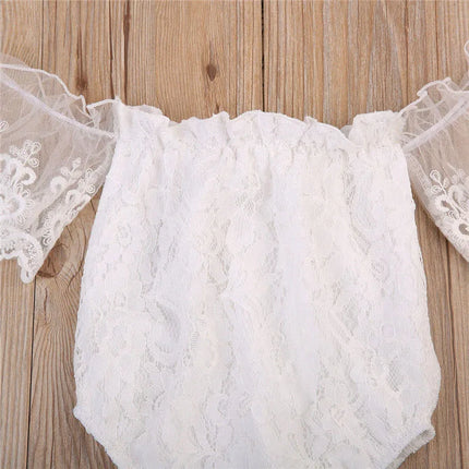 2019 Summer Cute Toddler Baby Girl Clothing White Lace Romper Sleeveless Off Shoulder Backless Jumpsuit Outfits Clothes 0-24M