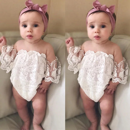 2019 Summer Cute Toddler Baby Girl Clothing White Lace Romper Sleeveless Off Shoulder Backless Jumpsuit Outfits Clothes 0-24M