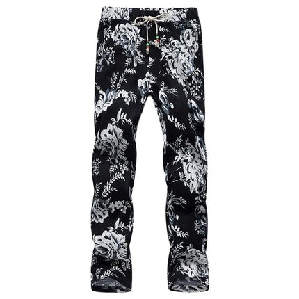 Summer New Men Thin Flower Pants 2024Teen Fashion High Street Lace-Up Ankle-Length Trousers Size 6XL-M