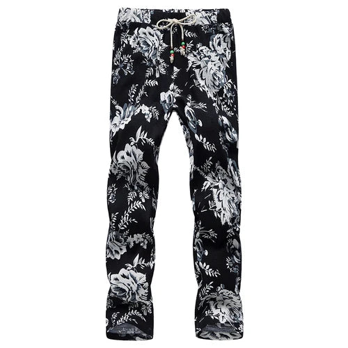 Summer New Men Thin Flower Pants 2024Teen Fashion High Street Lace-Up Ankle-Length Trousers Size 6XL-M