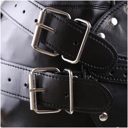 Black PU Leather BDSM Bondage Mask Full Head Harness Fetish with Blindfold and Zipper Locking Sex Slave Head Hood Sex Toys