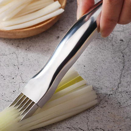 LMETJMA Stainless Steel Onion Slicer Cutter Scallion Cutter Knife Multi Vegetable Fruit Chopper Shredder Kitchen Gadget KC0148