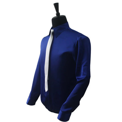 Dance King Michael Jackson Smooth Criminal Blue Shine Shirt & Tie Thread Gluing Performance Halloween Show Clothing No Button