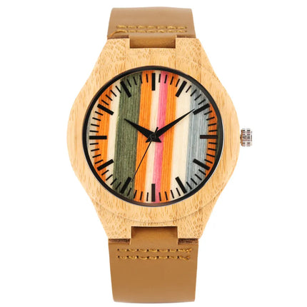 Fresh Stripes 12-Hours Display Wood Watch Mens Quartz Watches Brown Genuine Leather Watch Strap Hot Fashion Wooden Clock 2019