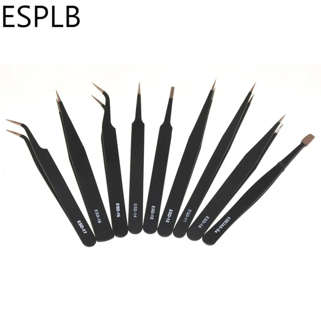 9-10pcs/Set ESD Stainless Steel Tweezers Precision Anti-Static Industrial Repair Tools Tweezers for Electronics Soldering Craft
