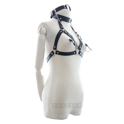 Thierry PU Leather Bondage Restraints O Ring Gag with Nipple Clamps,open bra with Collar Fetish Adult Games Sex Toys for Couples
