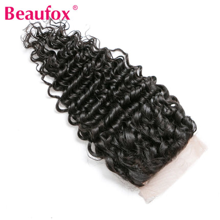 Beaufox Brazilian Deep Wave Lace Closure 4x4 Human Hair Free Part With Baby Hairs 130% Density Remy Hair Natural Color