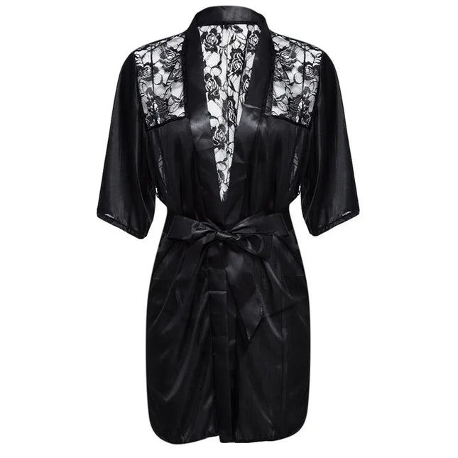 New Sexy Night Gown Women Erotic Underwear Hot Sexy Lingerie Plus Size Satin Lace Black Kimono Intimate Sleepwear Robe Sexy Nigh