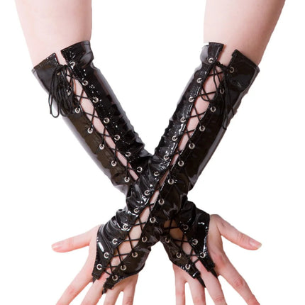 Wet Look Long Black Red PVC Women Hang Finger Bandage Gloves Ladies Faux Leather Lacing Adjust Gloves Night Club Sexy Costumes