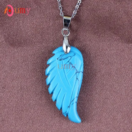 KFT Natural Stones 35mm Carve Angel Wing Pendants Rock Crystal Opalite Fluorite Lapis Lazuli Rhodonite Pendant Women Men Jewelry