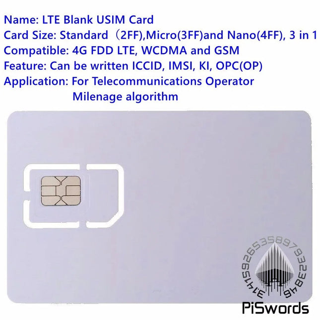 Piswords SIM USIM Card 4G LTE WCDMA GSM Blank Mini Nano Micro Writable Programable SIM Card For Operator Milenage Algorithm
