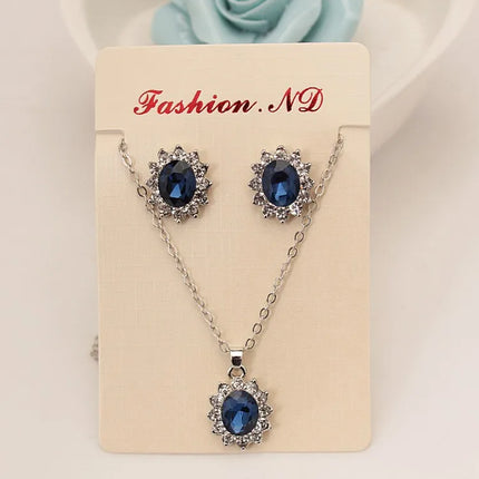 New Luxury Blue Royal Princess With Inlaid Imitation Gemstone Crystal Necklace Earrings Set Female Bride Set Party Jewelry High