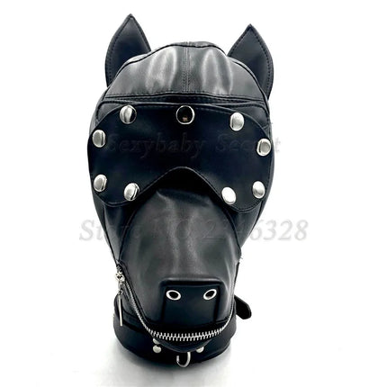 PU Leather Dog Headgear BDSM Bondage Mask Full Head Harness Fetish Blindfold Zipper Sex Slave Head Hood Sex Toys For Couples