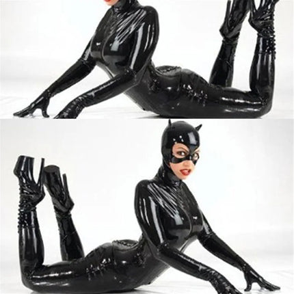 Sexy Latex Catsuit with Mask Faux Leather Cat Girl Jumpsuit PVC Bodysuit Nightclub One-piece Bodystocking Fetish Erotic Costumes