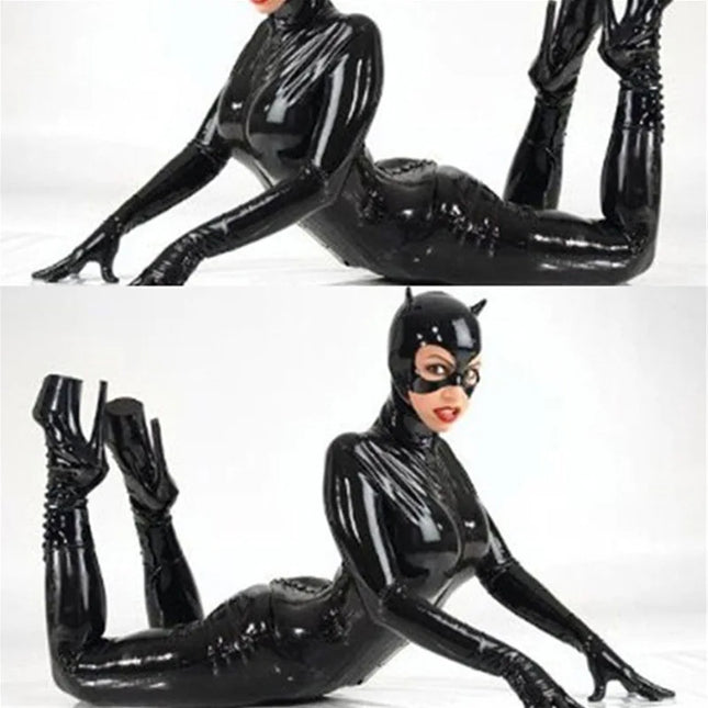 Sexy Latex Catsuit with Mask Faux Leather Cat Girl Jumpsuit PVC Bodysuit Nightclub One-piece Bodystocking Fetish Erotic Costumes