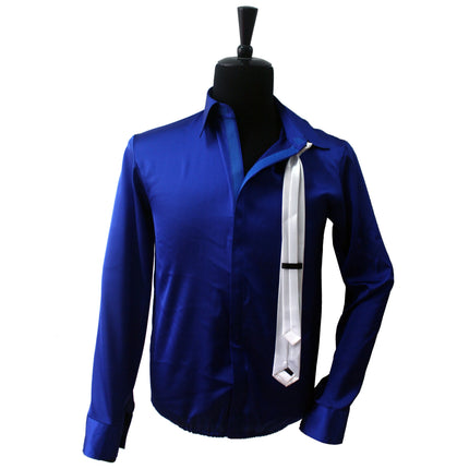 Dance King Michael Jackson Smooth Criminal Blue Shine Shirt & Tie Thread Gluing Performance Halloween Show Clothing No Button