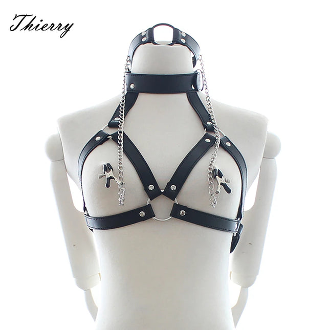 Thierry PU Leather Bondage Restraints O Ring Gag with Nipple Clamps, Open Bra with Collar Fetish Adult Games Sex Toys for Couples