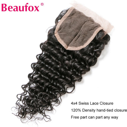 Beaufox Brazilian Deep Wave Lace Closure 4x4 Human Hair Free Part With Baby Hairs 130% Density Remy Hair Natural Color