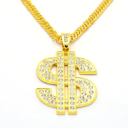 Hip Hop Gold Tone Dollar Sign Pendants Necklaces Long Twist Chain Statement Necklace For Women Men