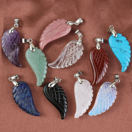 KFT Natural Stones 35mm Carve Angel Wing Pendants Rock Crystal Opalite Fluorite Lapis Lazuli Rhodonite Pendant Women Men Jewelry
