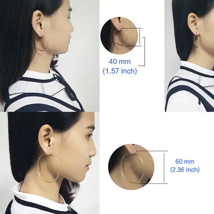 1 Pair Women Hypoallergenic Stainless Steel Rounded Smooth Big Large Hoop Earrings Jewelry Size 30-60mm