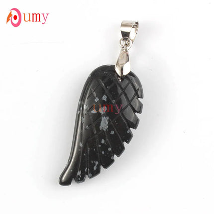 KFT Natural Stones 35mm Carve Angel Wing Pendants Rock Crystal Opalite Fluorite Lapis Lazuli Rhodonite Pendant Women Men Jewelry