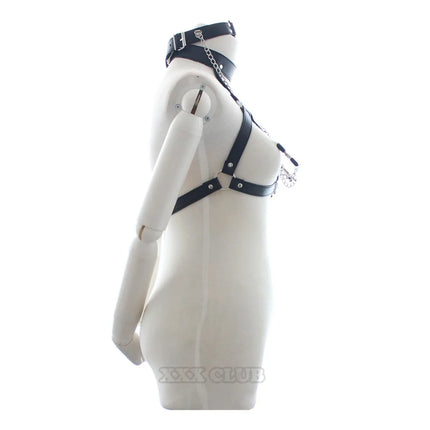 Thierry PU Leather Bondage Restraints O Ring Gag with Nipple Clamps,open bra with Collar Fetish Adult Games Sex Toys for Couples
