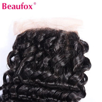 Beaufox Brazilian Deep Wave Lace Closure 4x4 Human Hair Free Part With Baby Hairs 130% Density Remy Hair Natural Color